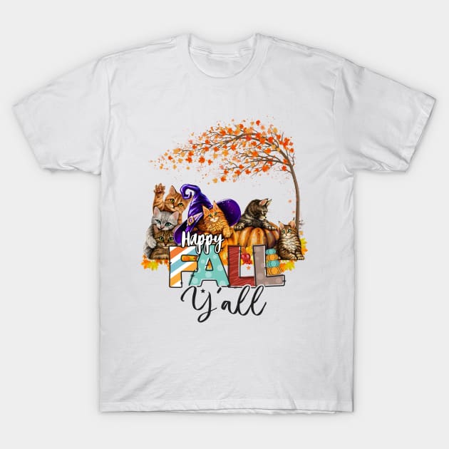 Happy Fall Yall Cute Cat And Pumpkins Autumn T-Shirt by peskyrubeus